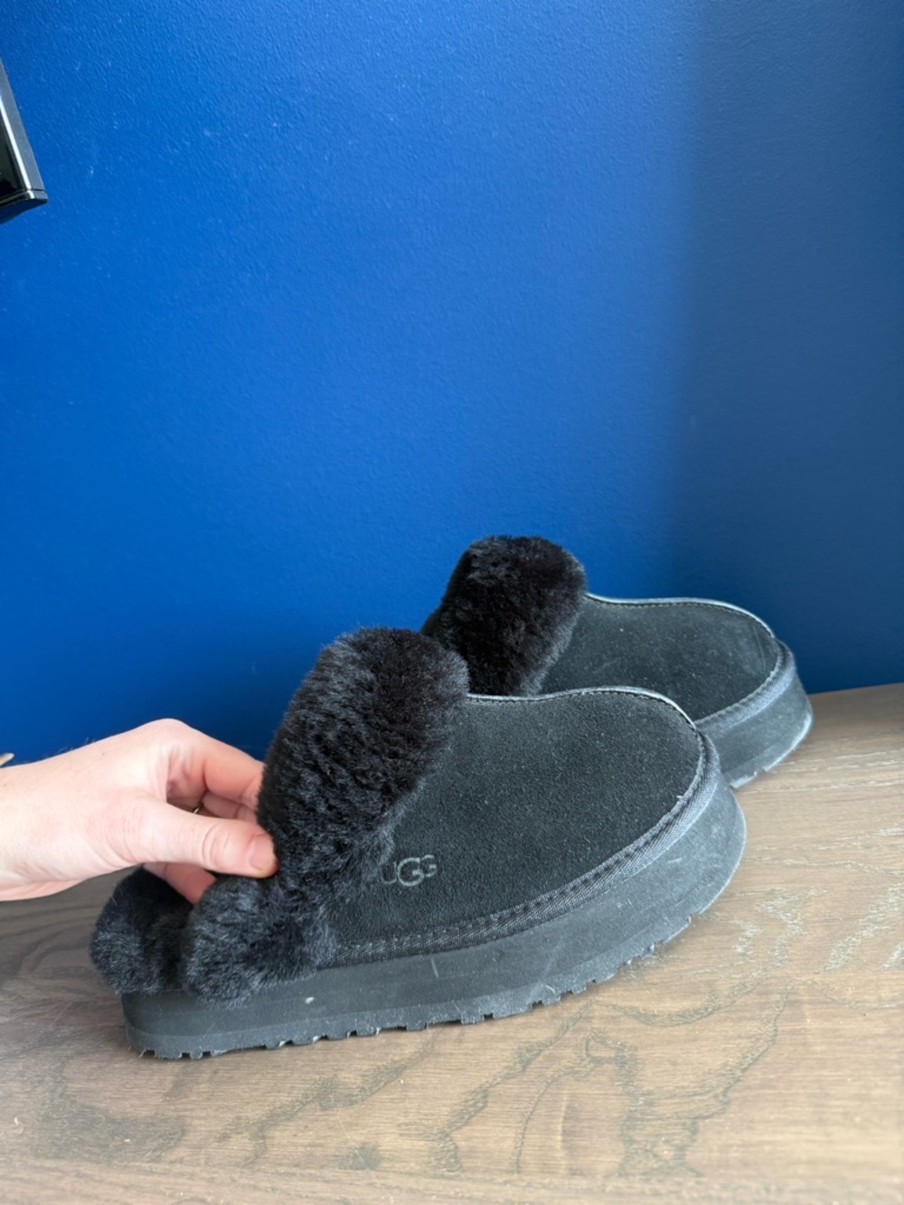 UGG Black Suede Shearling Slippers